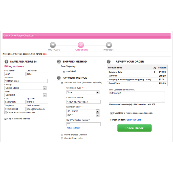 Quick One Page Checkout - Magento Extension